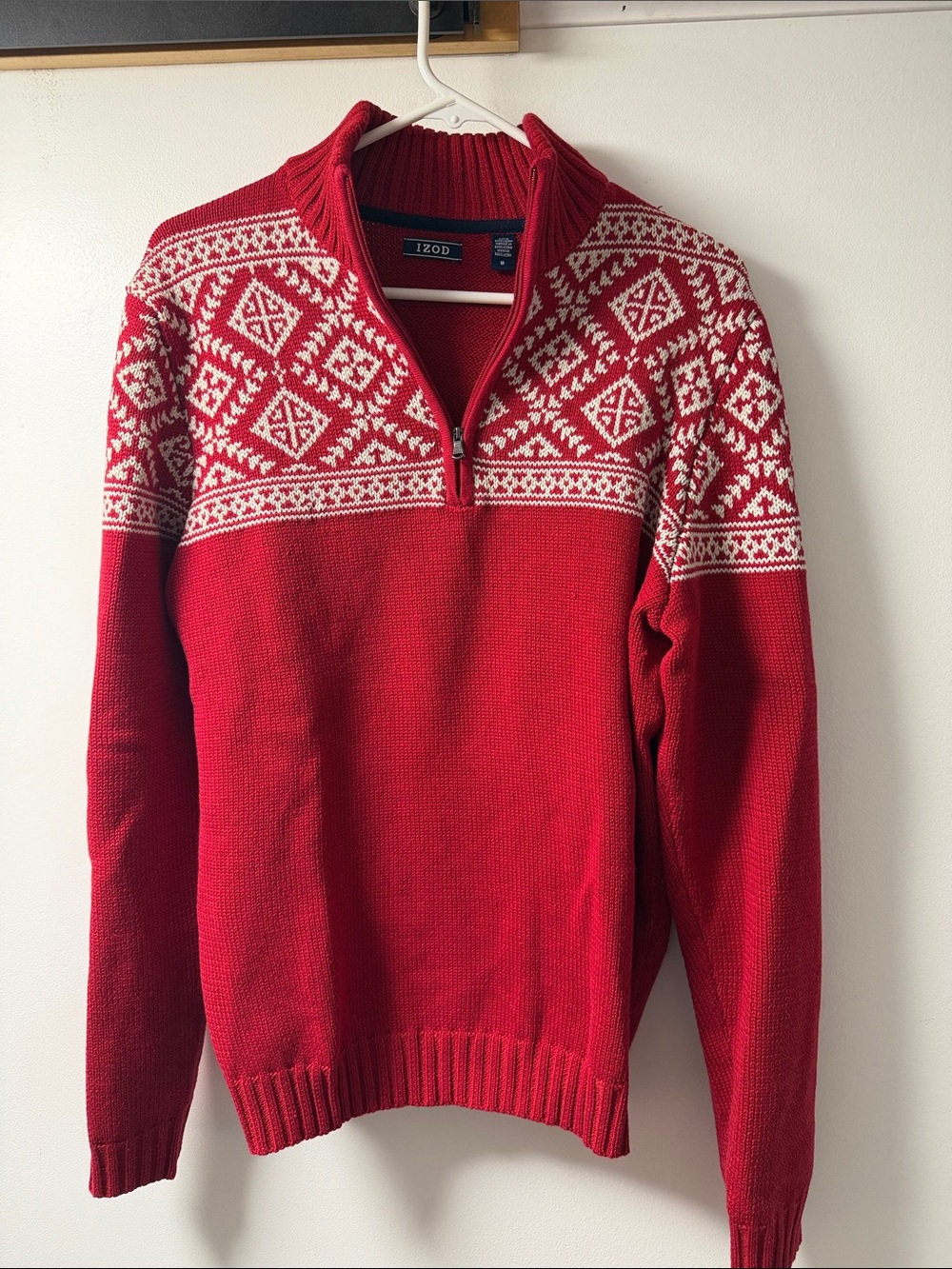 Izod Red and White Half-Zip Fair Isle Men's Sweater